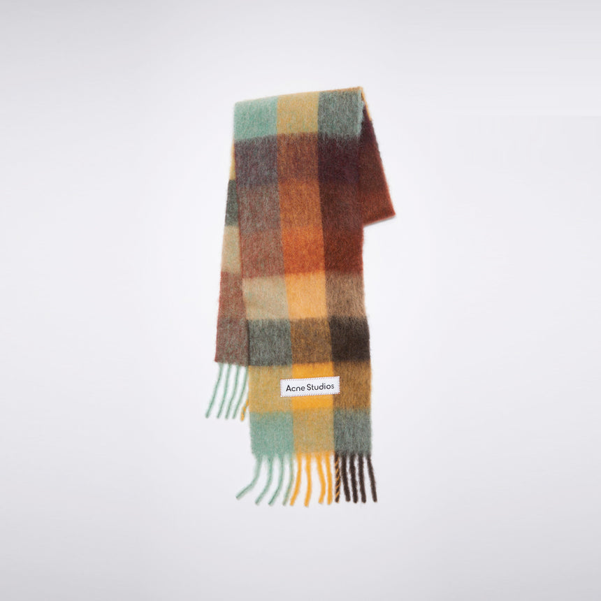 Acne Studios Mohair Checked Scarf Chestnut Brown / Yellow / Green