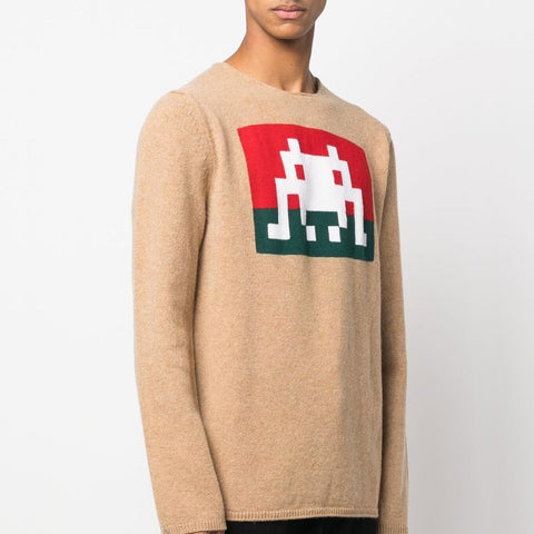 Comme Des Garcons Shirt Space Invaders Graphic Knit Jumper Camel