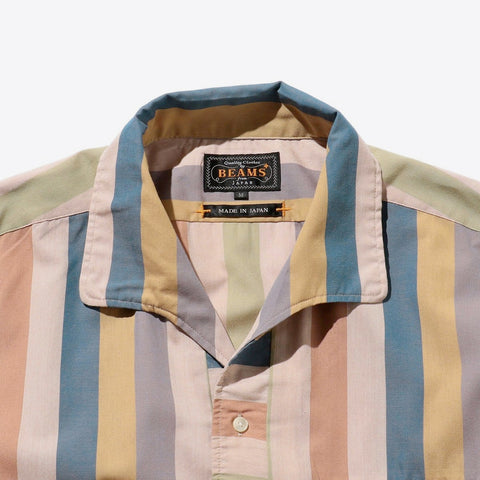 Beams Plus Multi Stripe Short Sleeve Italian Collar Shirt Beige