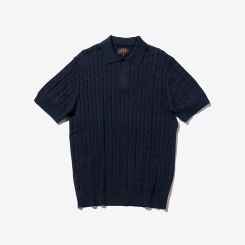 Beams Plus Linen Cotton Cable Knit Polo Navy