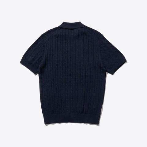 Beams Plus Linen Cotton Cable Knit Polo Navy