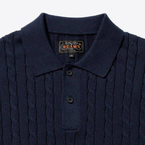 Beams Plus Linen Cotton Cable Knit Polo Navy