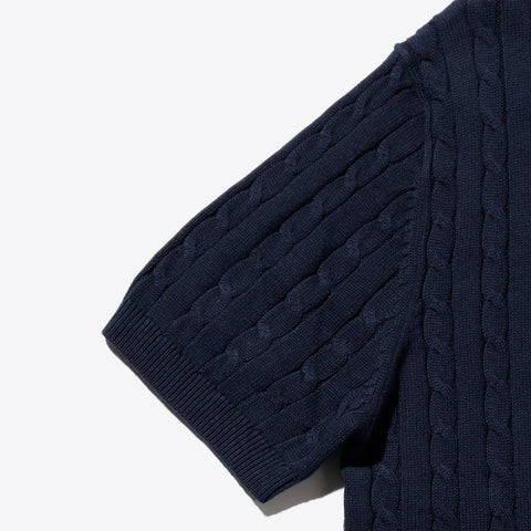 Beams Plus Linen Cotton Cable Knit Polo Navy